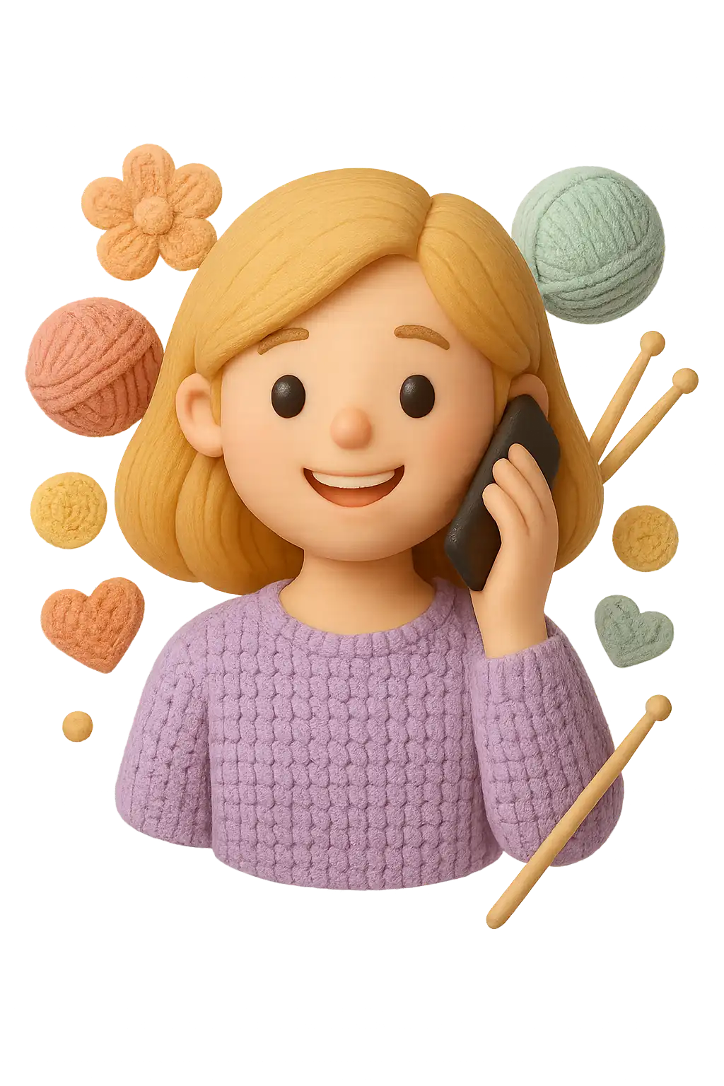 Mulher loira com telefone na mão e blusa de crochê lilás