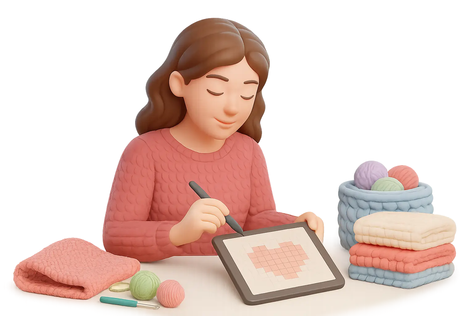 Um novelo verde, uma tesoura e uma agulha de crochê