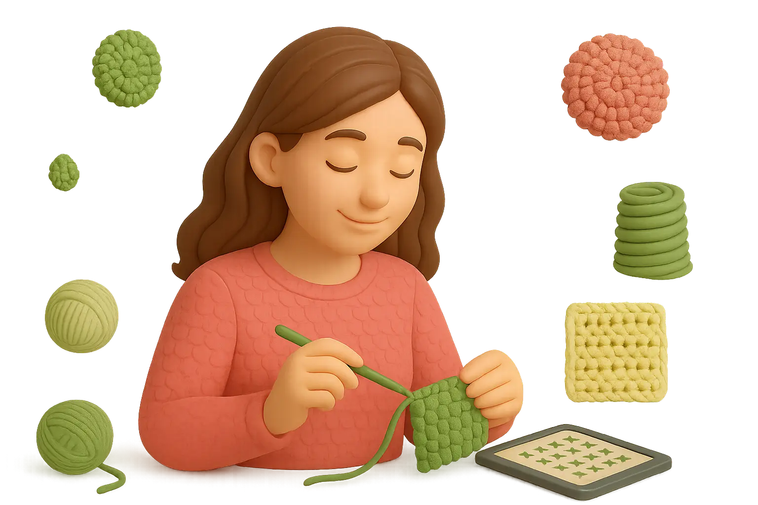 Ilustração de uma mulher com casaco rosa, tecendo um pano verde de crochê