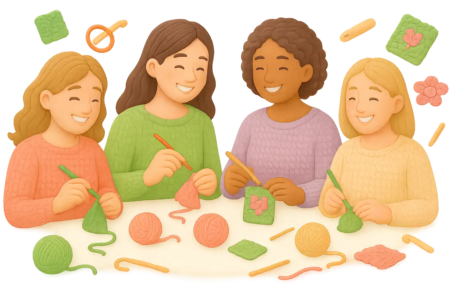 3 mulheres sentadas em uma mesa cheia de linhas, agulhas tecendo.