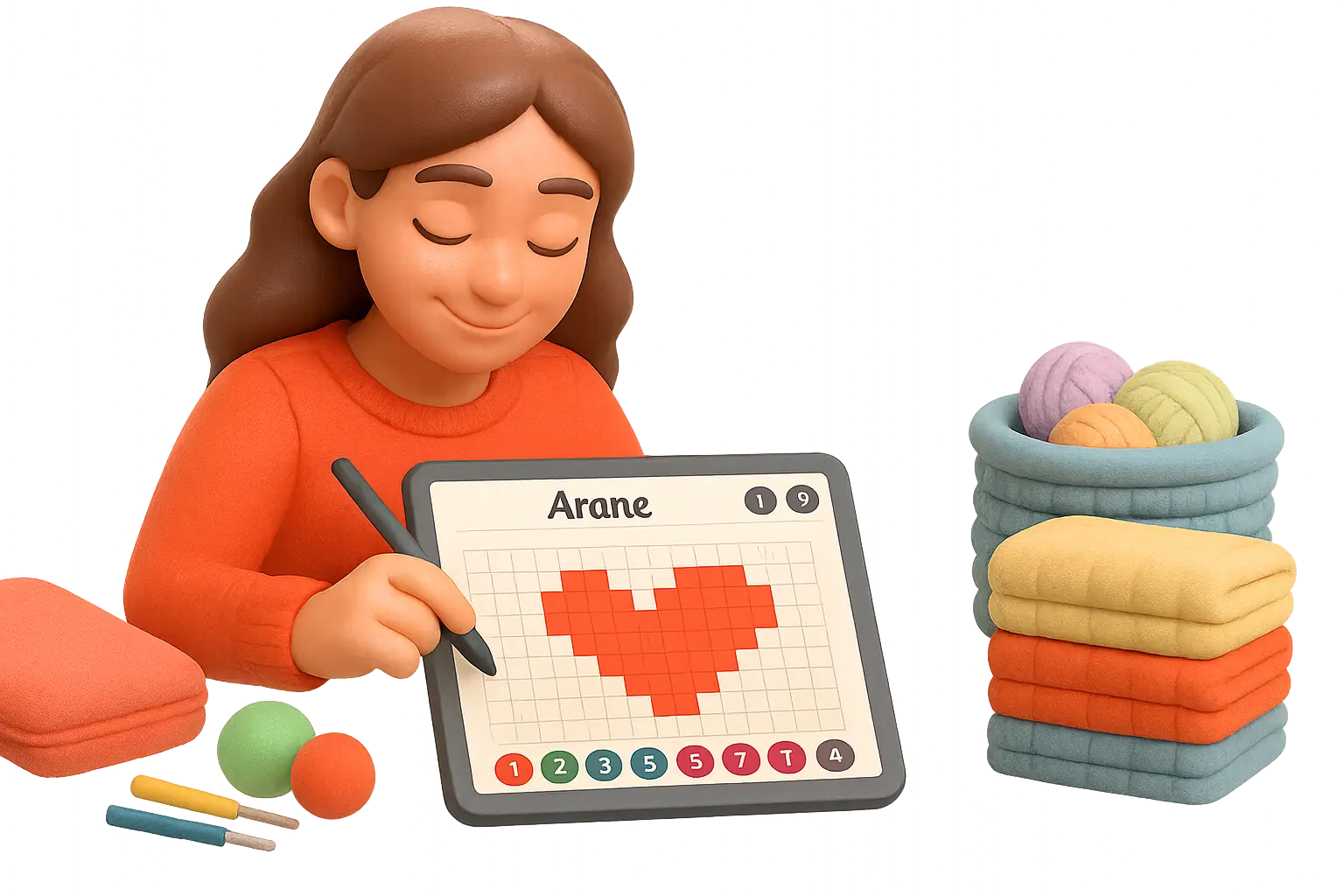 Uma menina com um tablet na mão vendo quantos quadrados da mesma cor tem para fazer